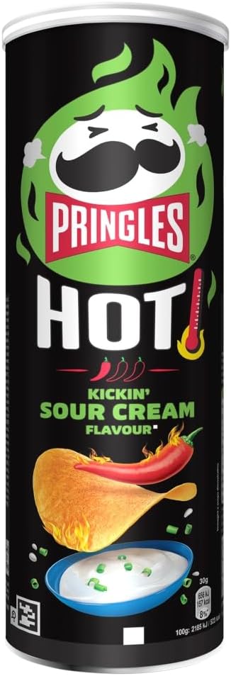 Pringles Hot Kickin Sour Cream Flavour 160g — Potato based sharing crisps in a resealable can, ideal snack