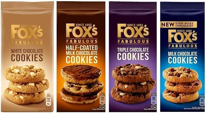 Fox's Fabulous cookies, Four Luxury Flavours of Milk, Triple, Half-Coated & White Chocolate Biscuits for