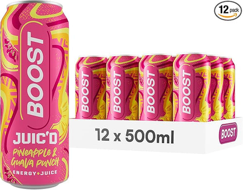 Boost Juic'd Energy Drink Pineapple & Guava Juice Punch | 12 Multipack Carbonated Soft Drinks with Real
