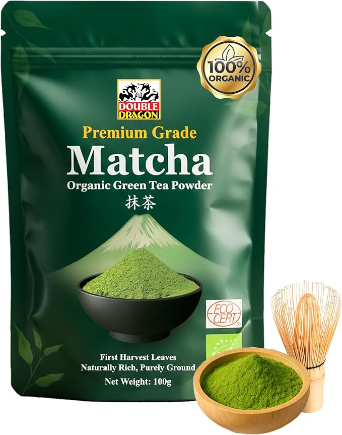 Double Dragon Organic Matcha Green Tea Powder 100g - Premium Ceremonial Grade Matcha Powder, Stone-Ground