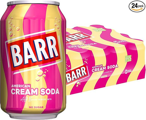 BARR 24 Pack American Cream Soda, Zero No Sugar Sparkling Soft Drink with a Creamy Taste of American