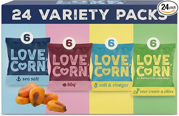 LOVE CORN Variety Pack Sea Salt, BBQ, Salt & Vinegar, Sour Cream & Chive - (24 x 20g) High Fibre Snack, High