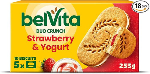 Belvita Duo Crunch Strawberry & Yogurt Biscuit Snacks, 253 g (Pack of 18) — Crunchy & Creamy, Wholegrain
