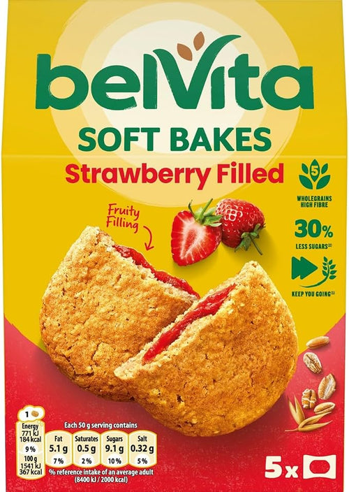 Belvita Breakfast Biscuits Soft Bakes Filled With Strawberry, Delicious Strawberry Filled Biscuits, 5 x 50 g