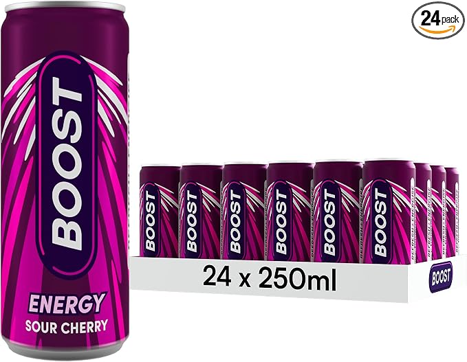 Boost Energy Drink Cherry Flavour - 24 Pack Drinks with Caffeine, Taurine and Vitamin B Carbonated