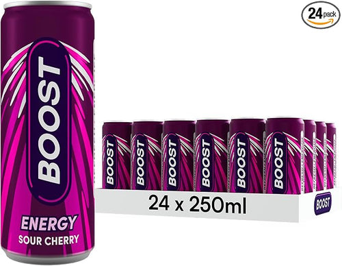 Boost Energy Drink Cherry Flavour - 24 Pack Drinks with Caffeine, Taurine and Vitamin B Carbonated