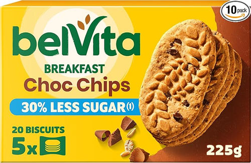 Belvita Breakfast Biscuits, Choc Chips, 30% Less Sugars, 225 g (Pack of 10) — Wholegrain, High in Fibre