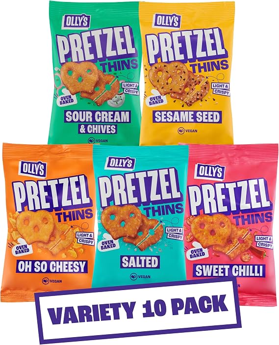 Olly's Pretzel Thins, New Variety Pack, 35g (Pack of 10), x2 Salted, x2 Sesame Seed, x2 Sour Cream, x2 Sweet