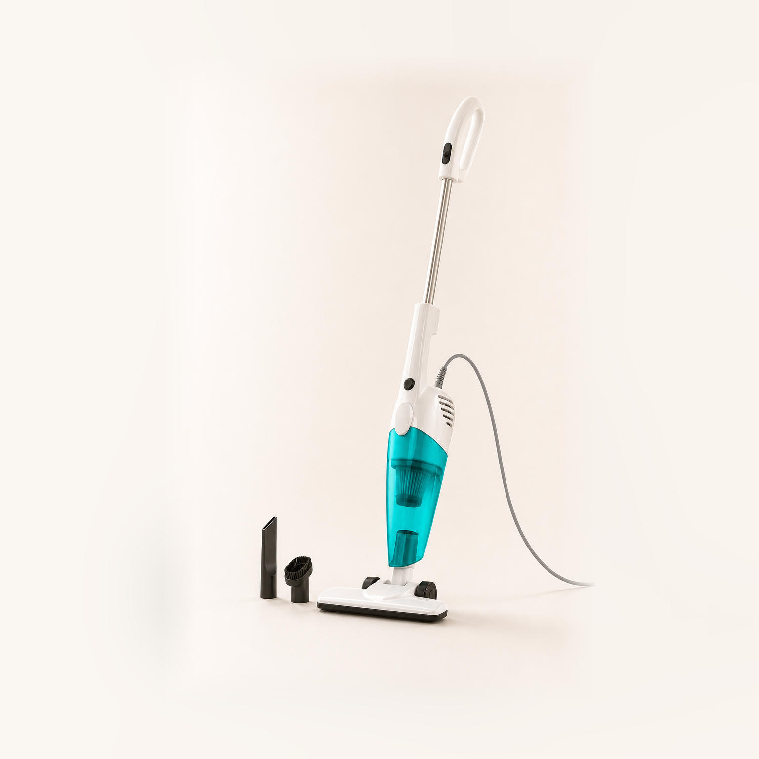 Deerma DX118C two-in-one vacuum cleaner with attachments on a warm neutral background
