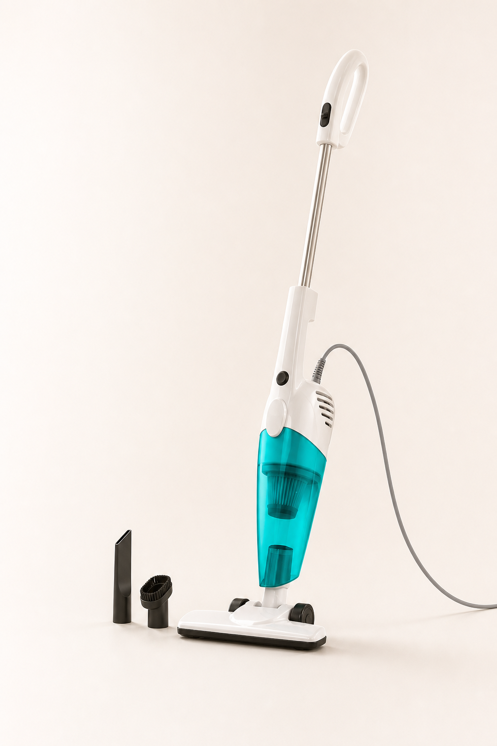 White and turquoise corded two-in-one vacuum cleaner with attachments
