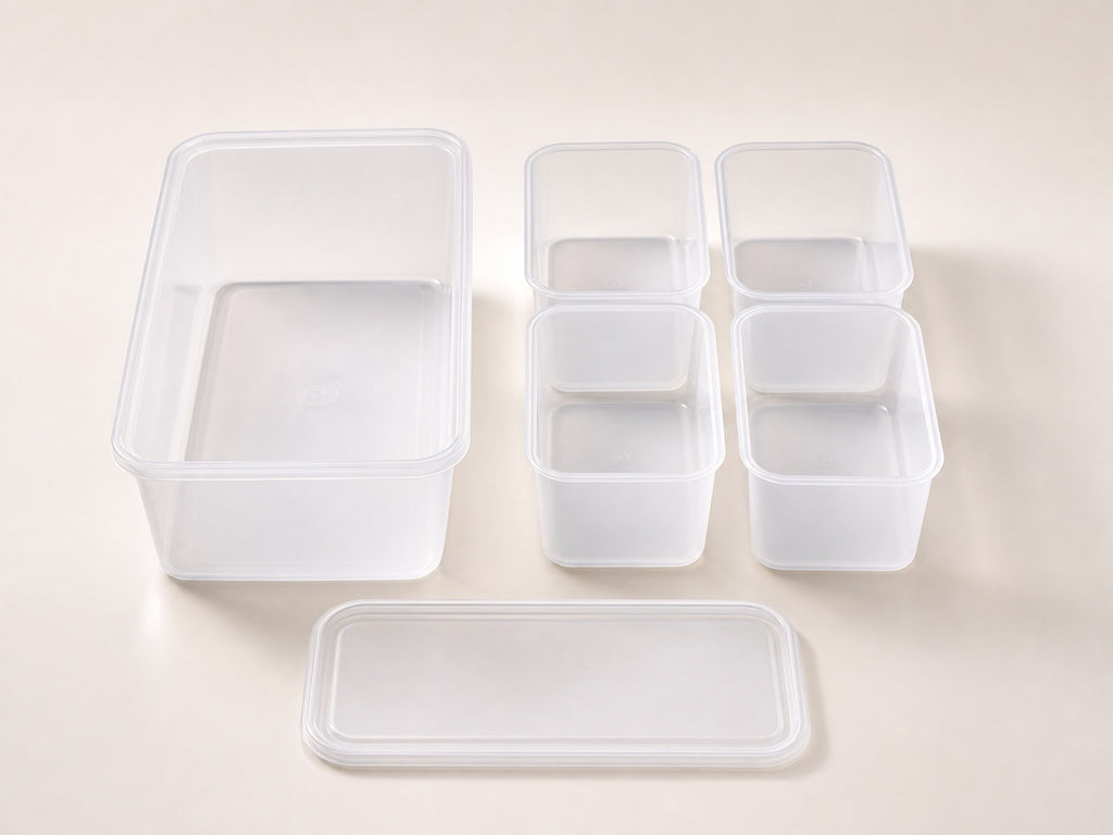 Translucent modular fridge organiser with four removable inner bins and lid