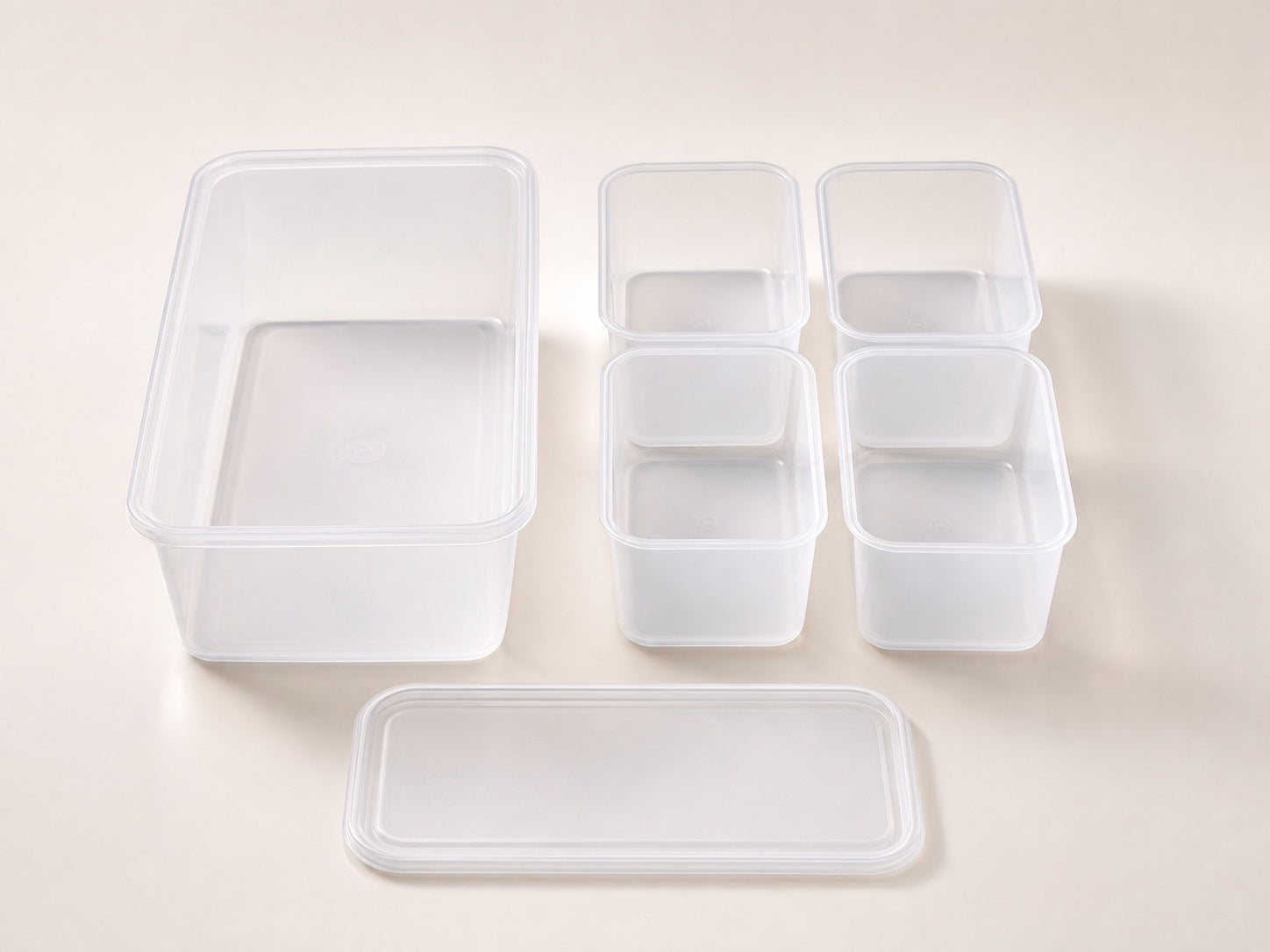 Translucent modular fridge organiser with four removable inner bins and lid