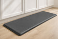 Charcoal cushioned standing mat in front of kitchen cabinets