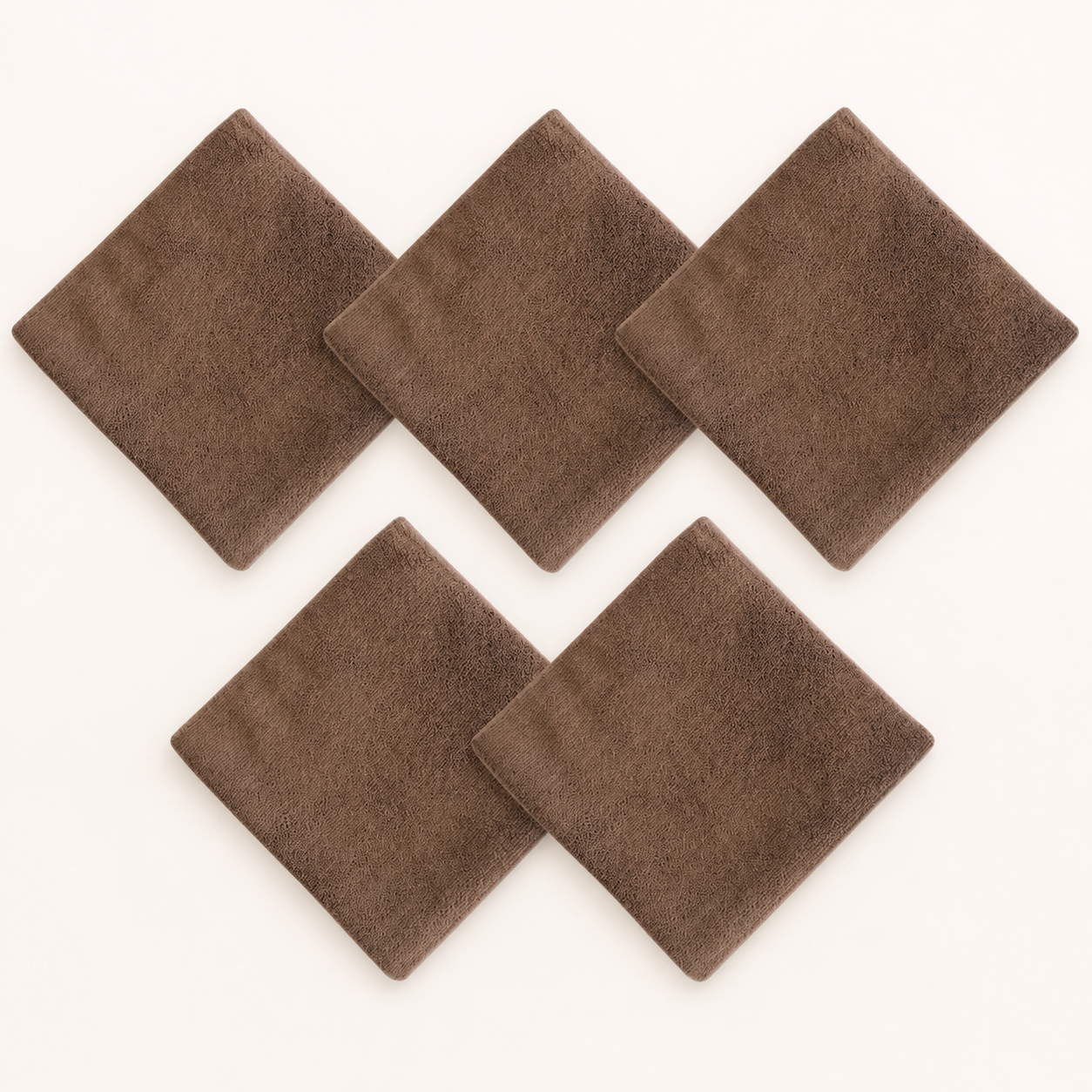Five brown microfiber cleaning cloths