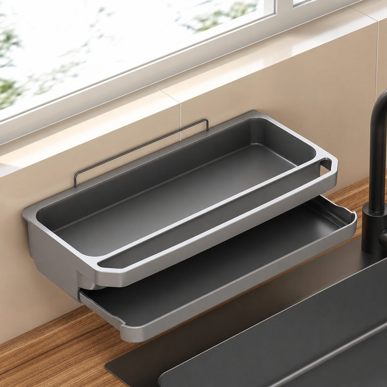 Grey kitchen sink caddy with removable drip tray