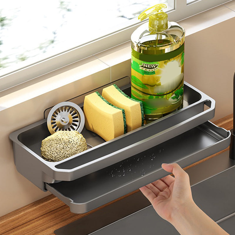 Self-draining sink caddy in use with removable drip tray