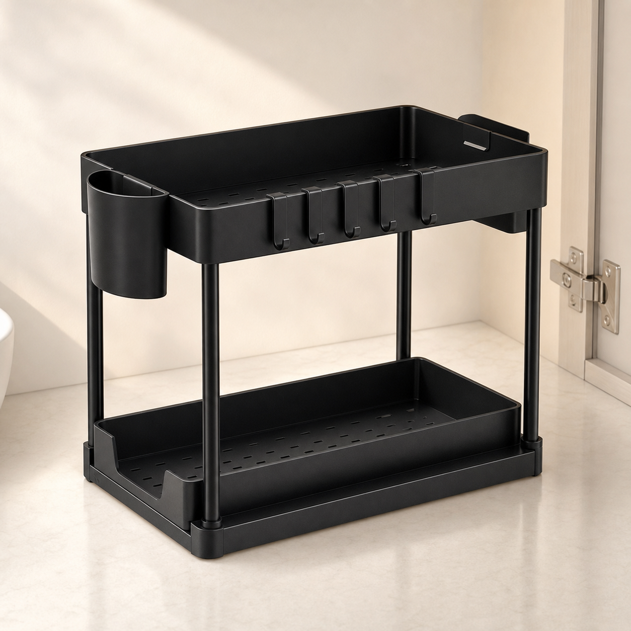 Black two-tier under-sink organiser