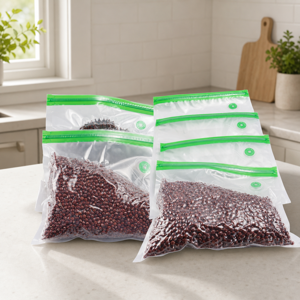Transparent zipper vacuum bags with green air valves